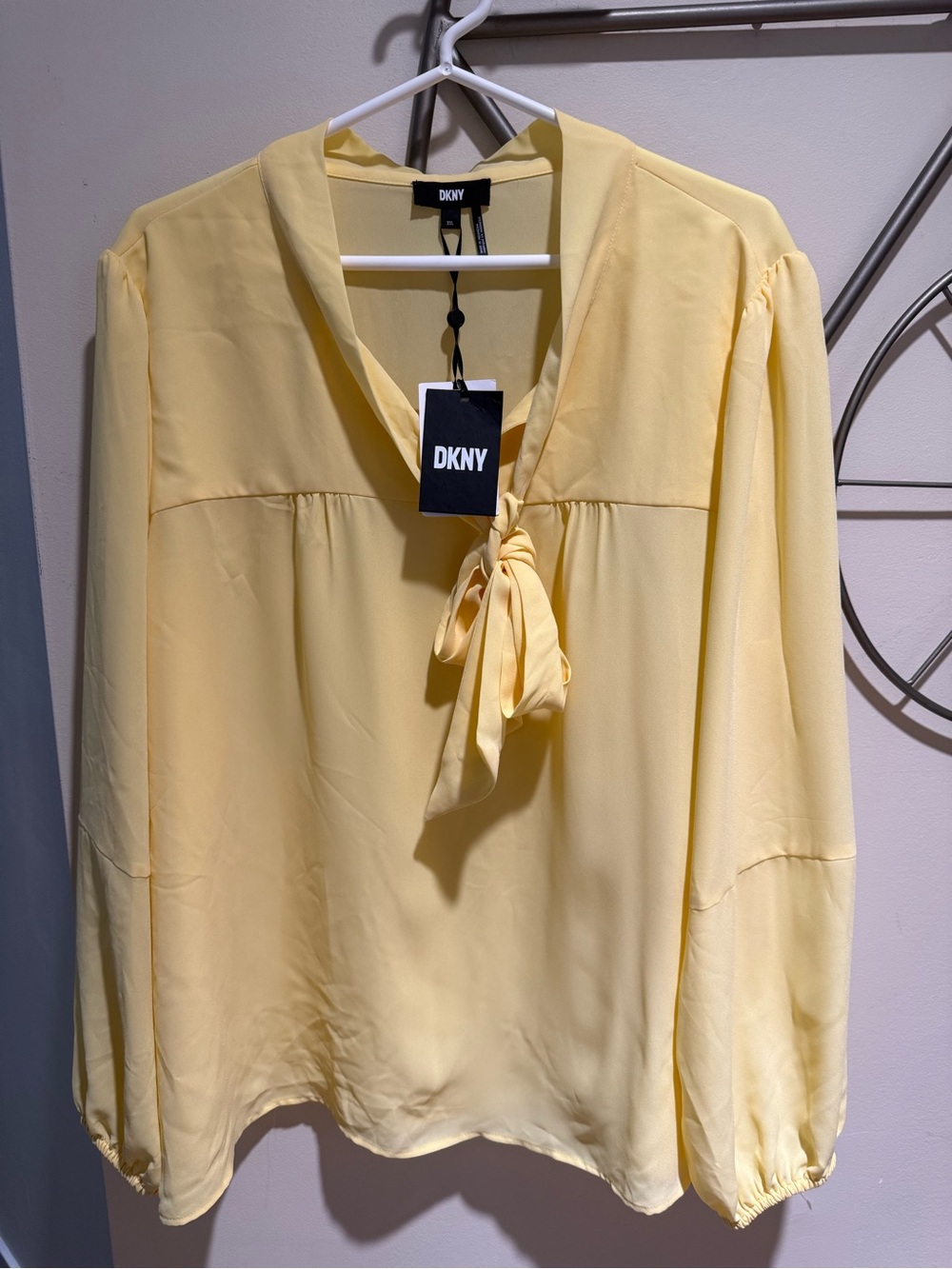 DKNY Long Sleeve Tie-Neck Blouse in Pastel Yellow NWT Size XXL